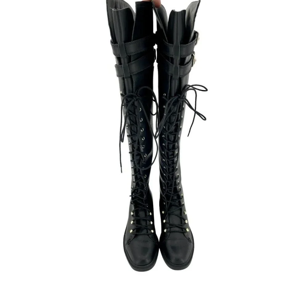 Joie Gryffin Over the Knee Boots Lace Up Buckle Black Leather  EU 36 New